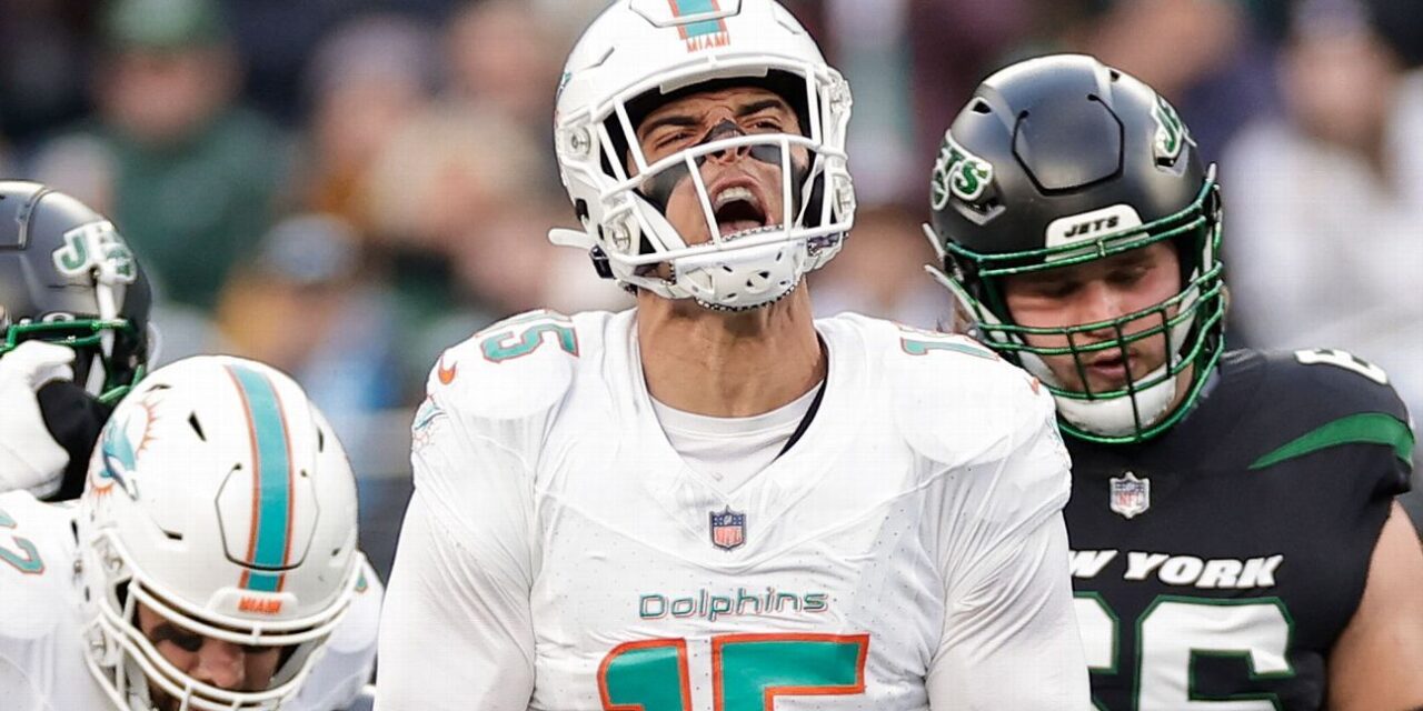 El LB de los Dolphins, Jaelan Phillips, sufre una lesión en el tendón de Aquiles contra los Jets
