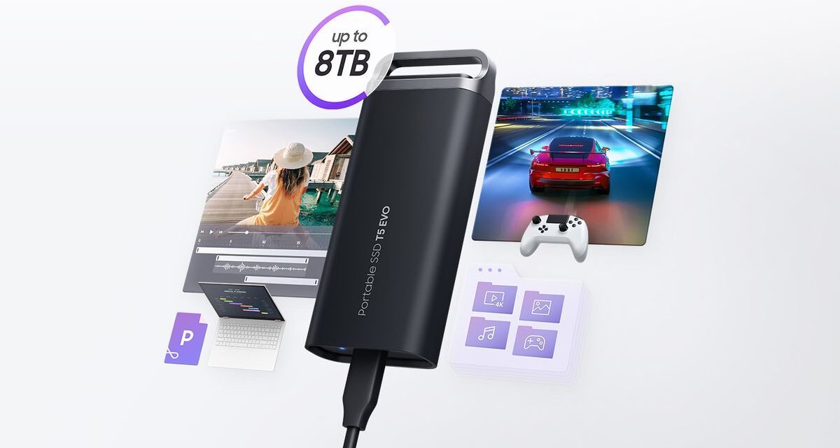 Samsung rompe su propio embargo al presentar el SSD externo T5 Evo de 8 TB en su sitio por $ 650; solo prepárese para el impacto de la etiqueta y la baja velocidad.